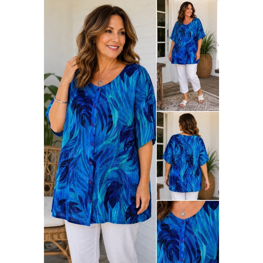 Phool India Crinkle Cotton Tropical Button Front Tunic Top Blue Teal 2X‎ 0353